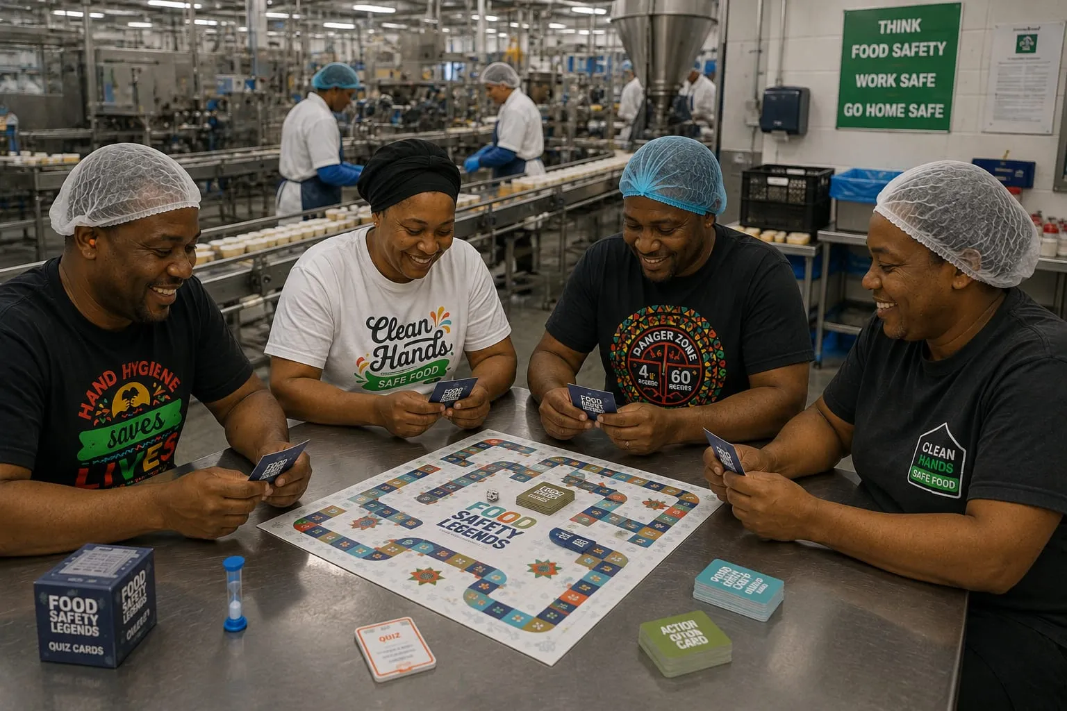 A food production team playing the Food Safety Legends board game on the factory floor